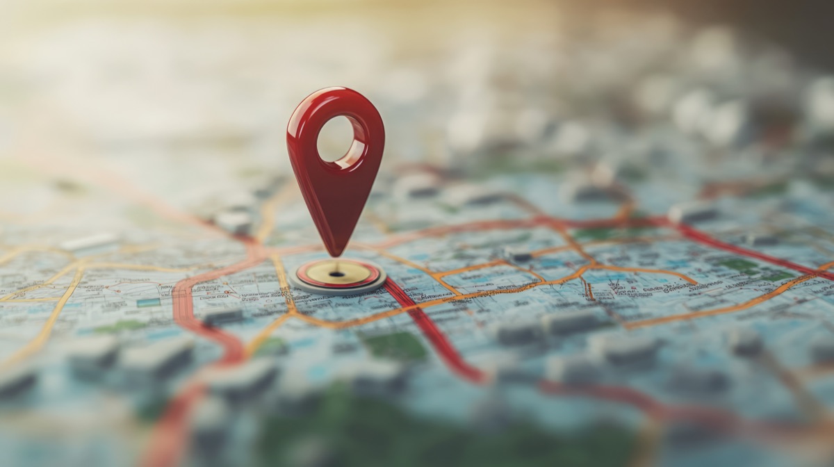 Red location pin above a street map
